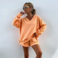 Ensemble 2 pièces décontracté à col en V et manches longues pour femmes et short à taille élastique