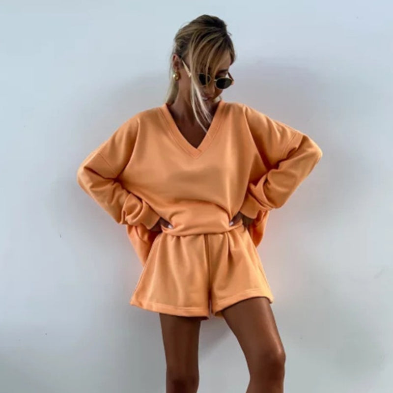 Ensemble 2 pièces décontracté à col en V et manches longues pour femmes et short à taille élastique