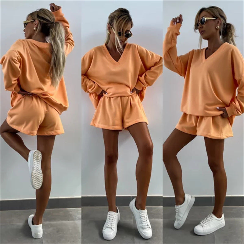 Ensemble 2 pièces décontracté à col en V et manches longues pour femmes et short à taille élastique