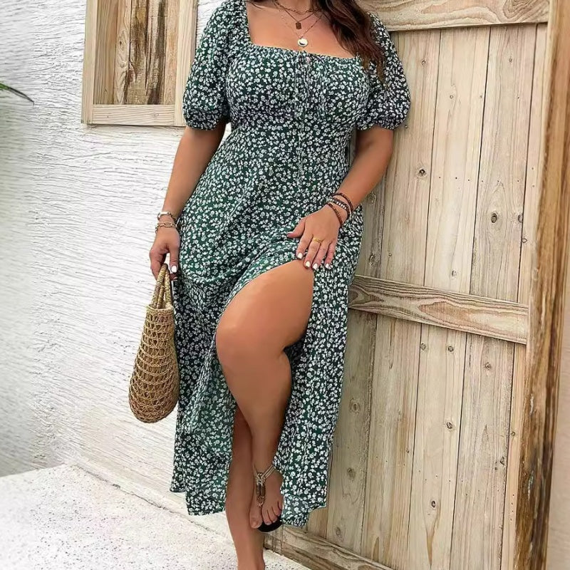 💗Spécial été - 50% de réduction💗Plus-size Short Sleeve Split Floral Print Dress