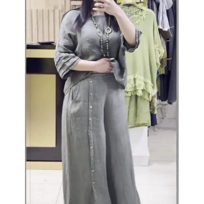 ❤️Ensemble deux pièces décontracté pour femmes : haut à manches sept-quarts et pantalon ample boutonné