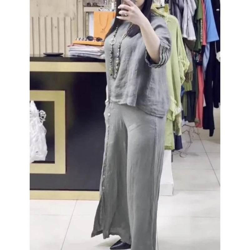 ❤️Ensemble deux pièces décontracté pour femmes : haut à manches sept-quarts et pantalon ample boutonné