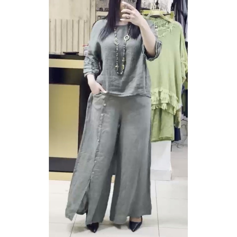 ❤️Ensemble deux pièces décontracté pour femmes : haut à manches sept-quarts et pantalon ample boutonné