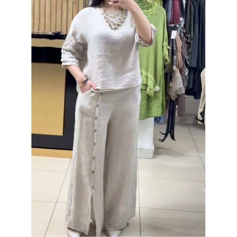 ❤️Ensemble deux pièces décontracté pour femmes : haut à manches sept-quarts et pantalon ample boutonné