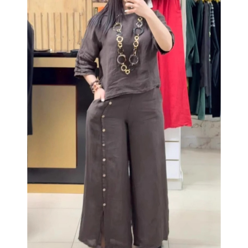 ❤️Ensemble deux pièces décontracté pour femmes : haut à manches sept-quarts et pantalon ample boutonné