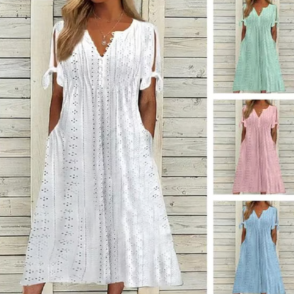 👗 50% DE RÉDUCTION ✨ Robe élégante femme avec décolleté en V et découpes – Taille fluide, respirante & parfaite pour les soirées d’été ou les occasions spéciales 💃
