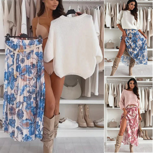 Hauts solides pour femmes ＆ Jupes imprimées florales Ensemble deux pièces🛫livraison gratuite 🛫