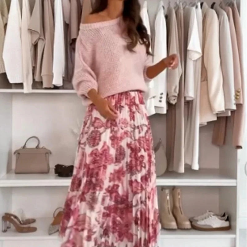Hauts solides pour femmes ＆ Jupes imprimées florales Ensemble deux pièces🛫livraison gratuite 🛫
