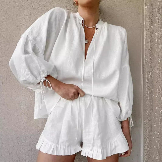 Élégant ensemble respirant 2 pièces à manches bouffantes pour femmes