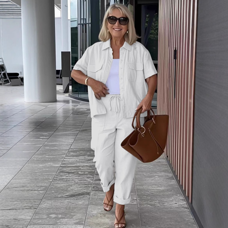 🌈Chemise à manches courtes et pantalon large en coton et lin