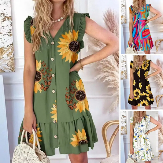 🌸Soldes d'été 50% de réduction🌸Mini-robe sans manches avec décolleté en V et boutonnage sur le devant pour femme