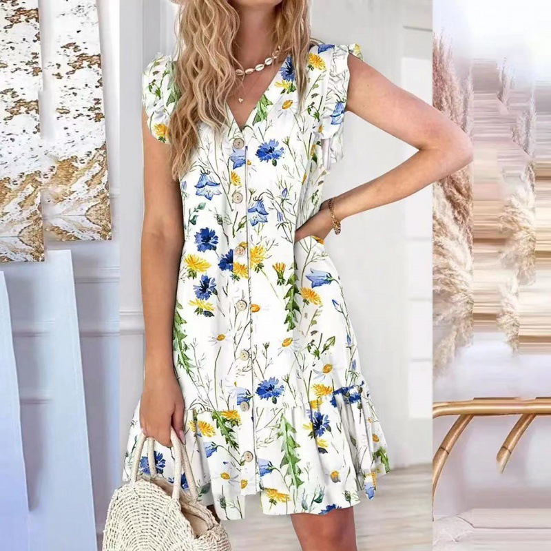 🌸Soldes d'été 50% de réduction🌸Mini-robe sans manches avec décolleté en V et boutonnage sur le devant pour femme