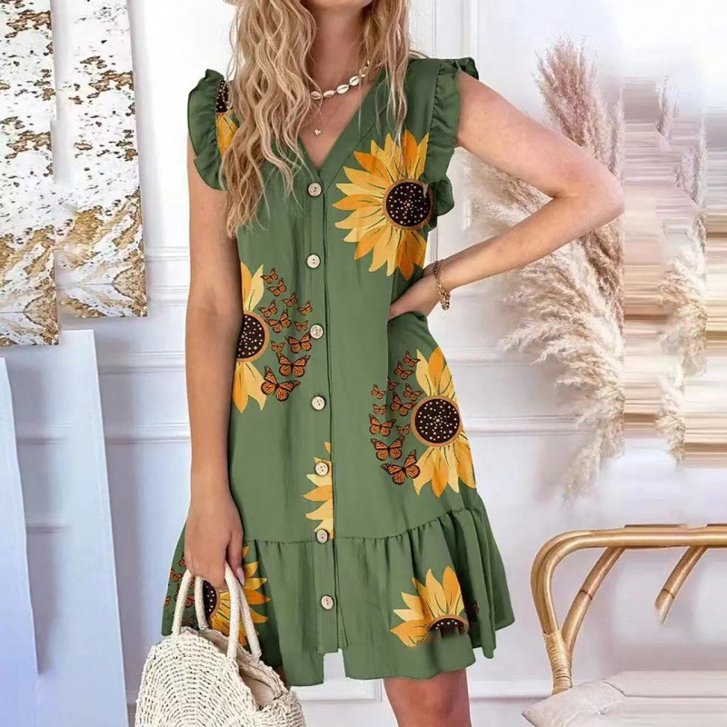 🌸Soldes d'été 50% de réduction🌸Mini-robe sans manches avec décolleté en V et boutonnage sur le devant pour femme