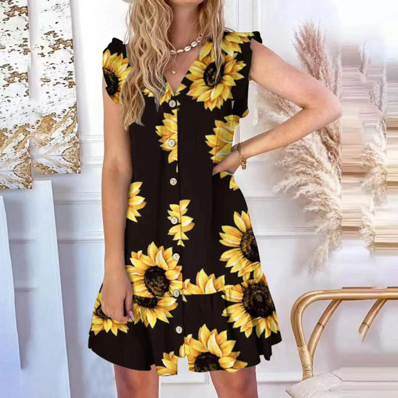🌸Soldes d'été 50% de réduction🌸Mini-robe sans manches avec décolleté en V et boutonnage sur le devant pour femme