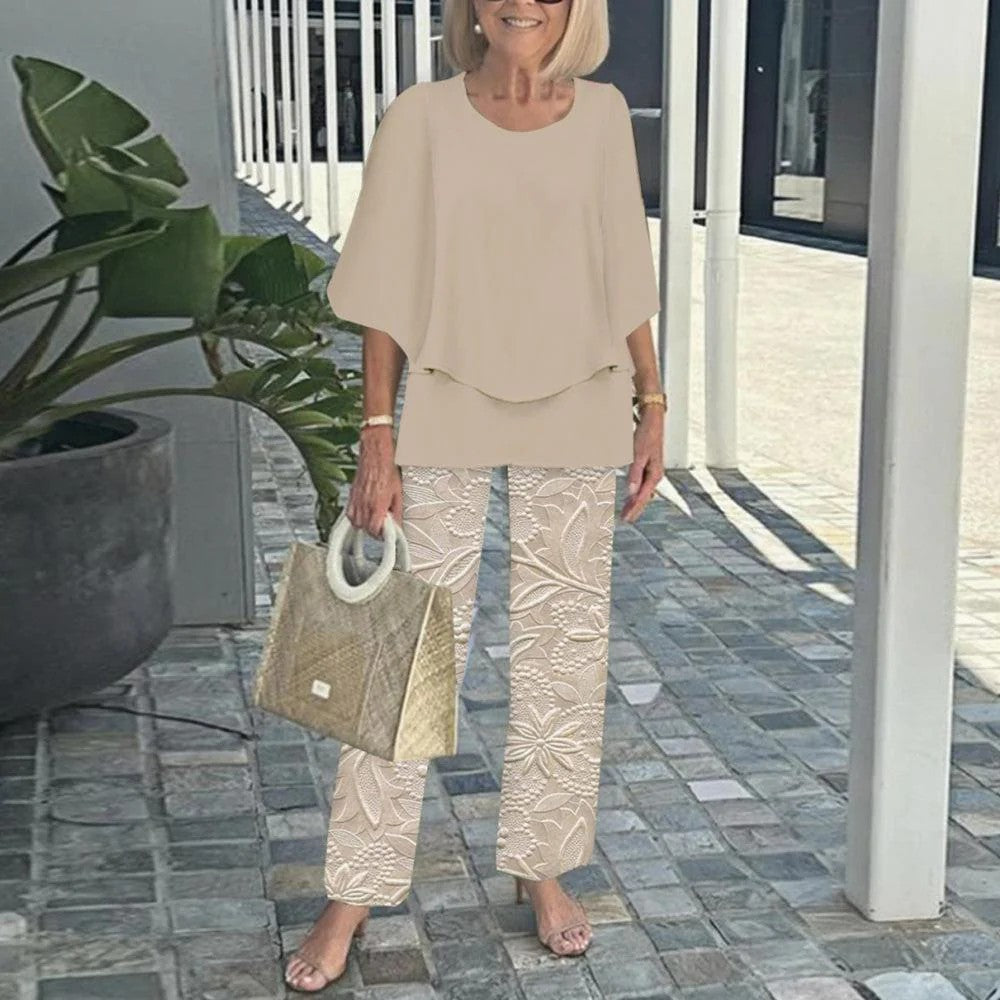 🔥Ensemble pantalon décontracté pour femme avec une encolure ronde et des demi-manches avec un imprimé