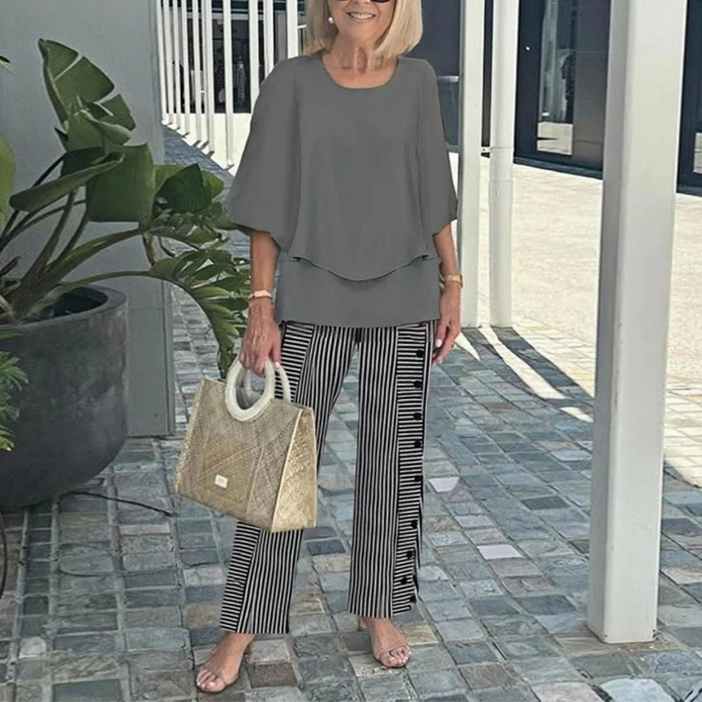 🔥Ensemble pantalon décontracté pour femme avec une encolure ronde et des demi-manches avec un imprimé