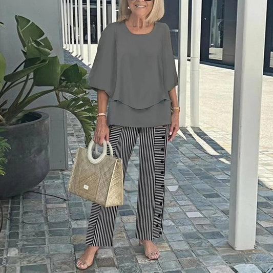 🔥Ensemble pantalon décontracté pour femme avec une encolure ronde et des demi-manches avec un imprimé