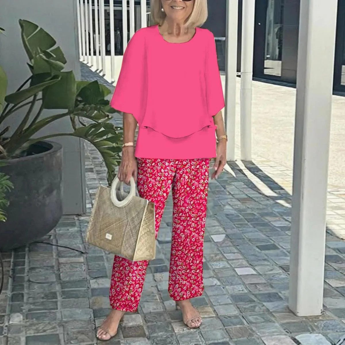 🔥Ensemble pantalon décontracté pour femme avec une encolure ronde et des demi-manches avec un imprimé