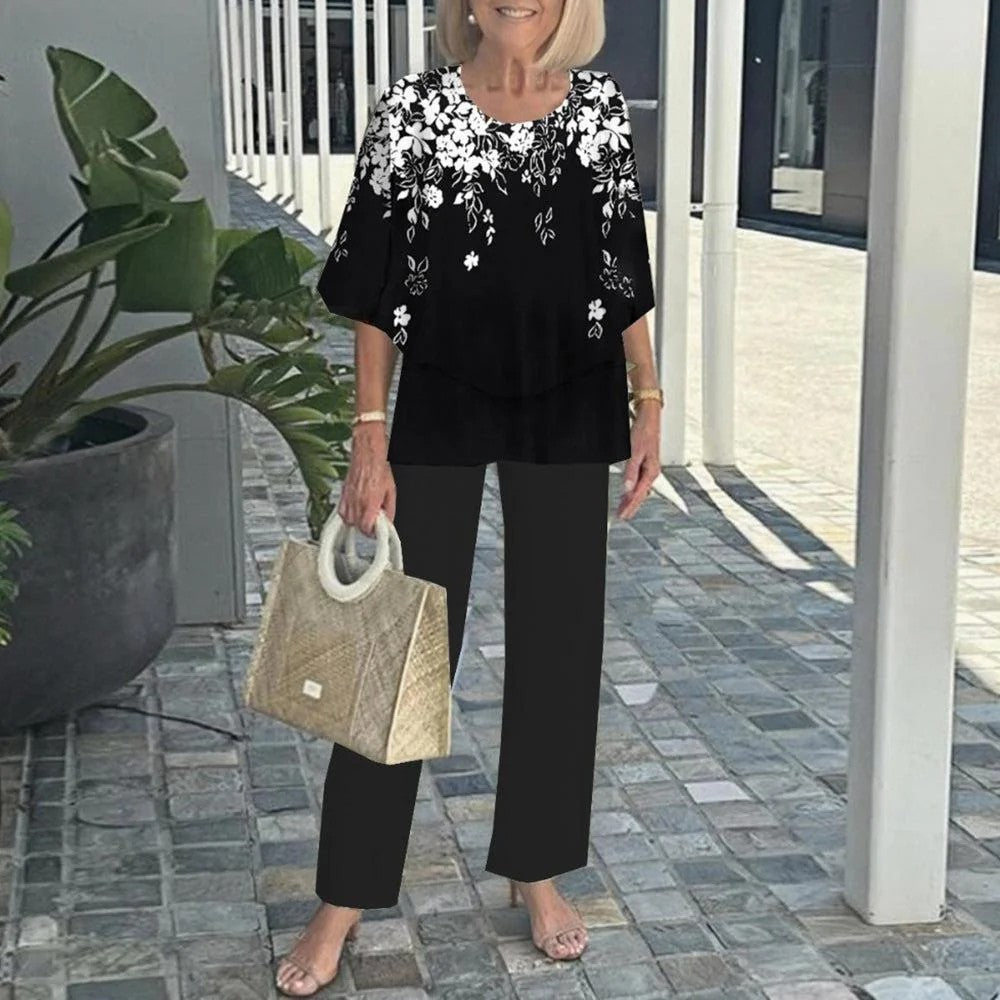 🔥Ensemble pantalon décontracté pour femme avec une encolure ronde et des demi-manches avec un imprimé