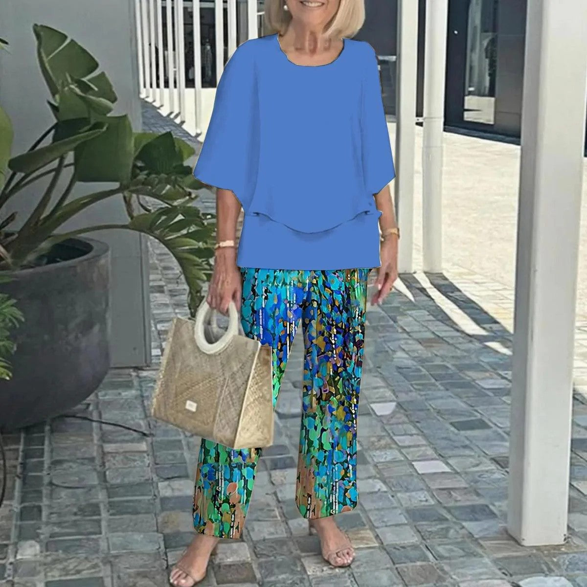 🔥Ensemble pantalon décontracté pour femme avec une encolure ronde et des demi-manches avec un imprimé
