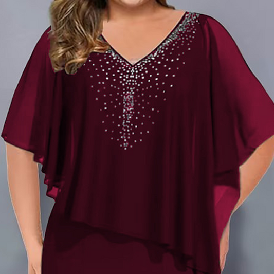✨Robe cape en strass avec col en V et superposition en mousseline