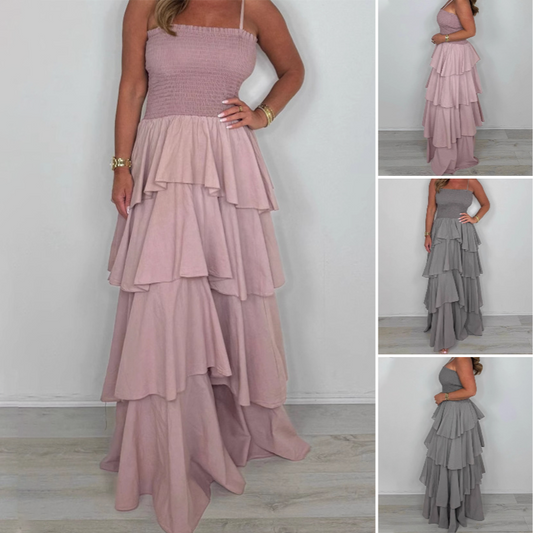 🌸Soldes d'été 50% de réduction🥰Robe unie à bretelles spaghetti et jupe dégradée
