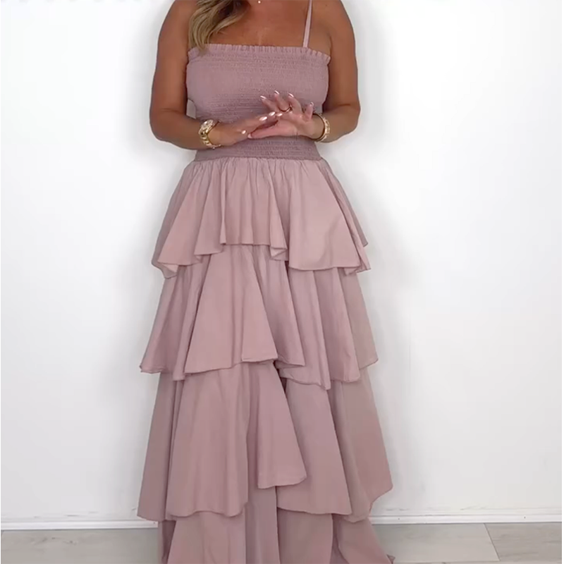 🌸Soldes d'été 50% de réduction🥰Robe unie à bretelles spaghetti et jupe dégradée