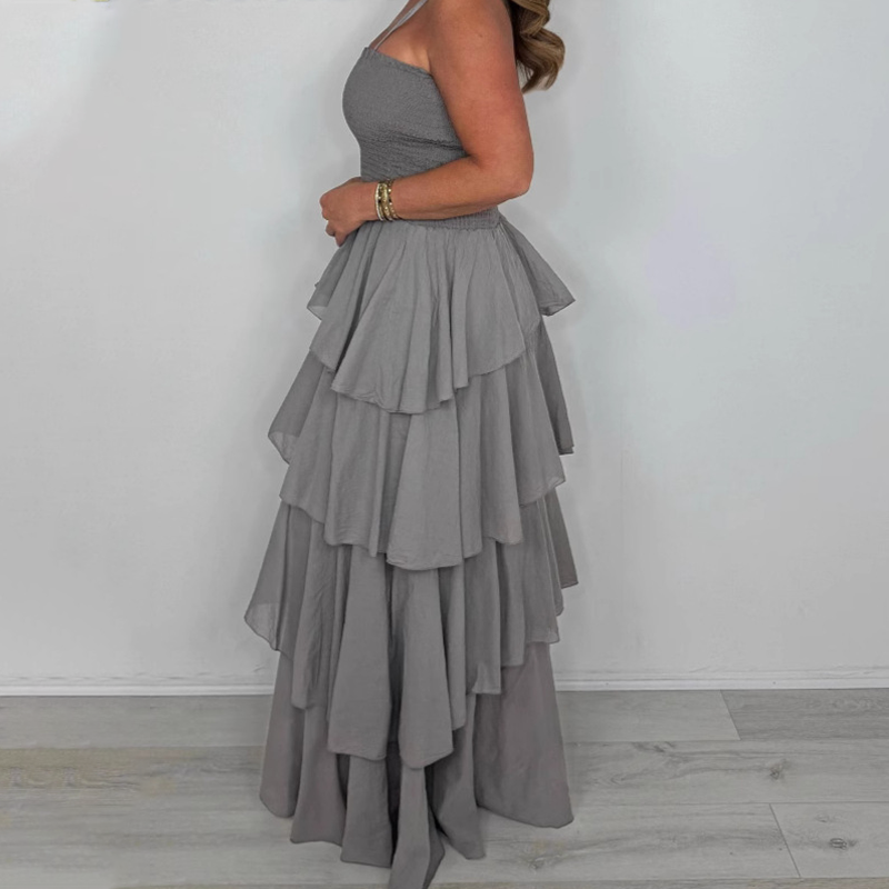 🌸Soldes d'été 50% de réduction🥰Robe unie à bretelles spaghetti et jupe dégradée