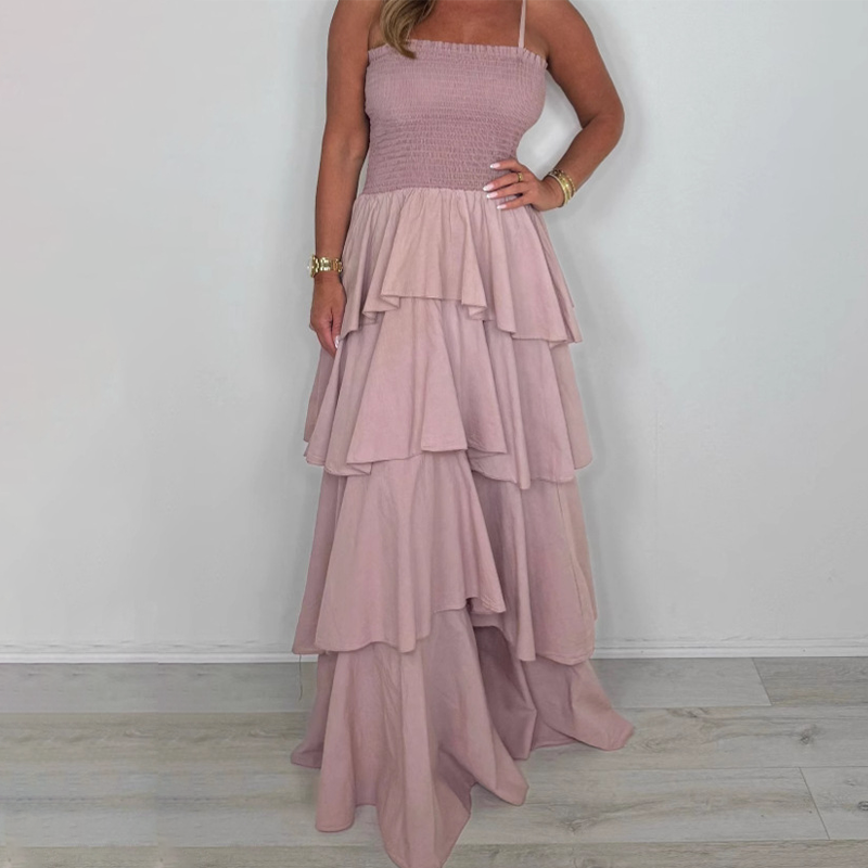 🌸Soldes d'été 50% de réduction🥰Robe unie à bretelles spaghetti et jupe dégradée