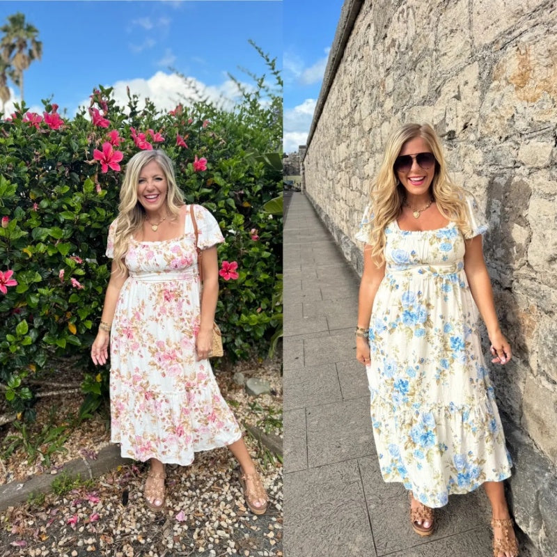 Robe imprimée à col carré et à manches courtes plissées pour femmes