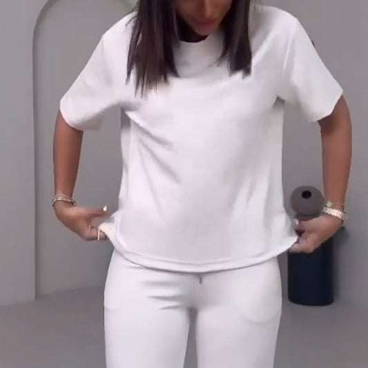 Top uni pour dames avec manches courtes ＆ Ensemble deux pièces avec pantalon