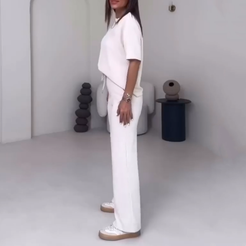 Top uni pour dames avec manches courtes ＆ Ensemble deux pièces avec pantalon