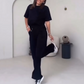 Top uni pour dames avec manches courtes ＆ Ensemble deux pièces avec pantalon