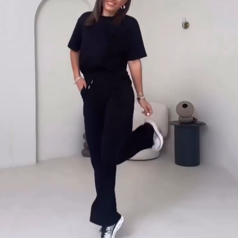 Top uni pour dames avec manches courtes ＆ Ensemble deux pièces avec pantalon