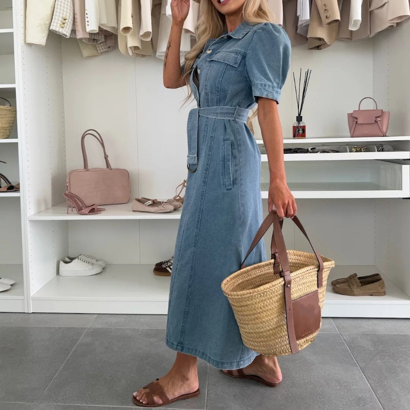 👗Robe chemise boutonnée en denim pour femme💙