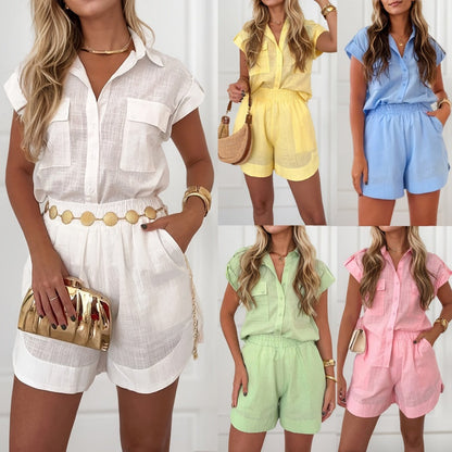🌸Soldes d'été 50% de réduction🌸Ensemble deux pièces décontracté pour femmes : chemise ample à manches courtes et short