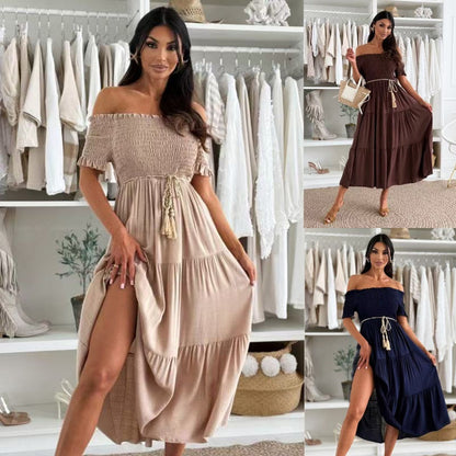 👗 Robe femme longue à manches courtes et épaules dénudées à la mode🌺