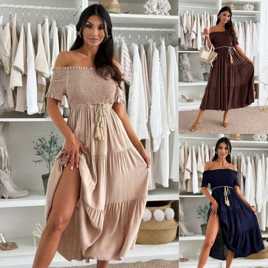 👗 Robe femme longue à manches courtes et épaules dénudées à la mode🌺