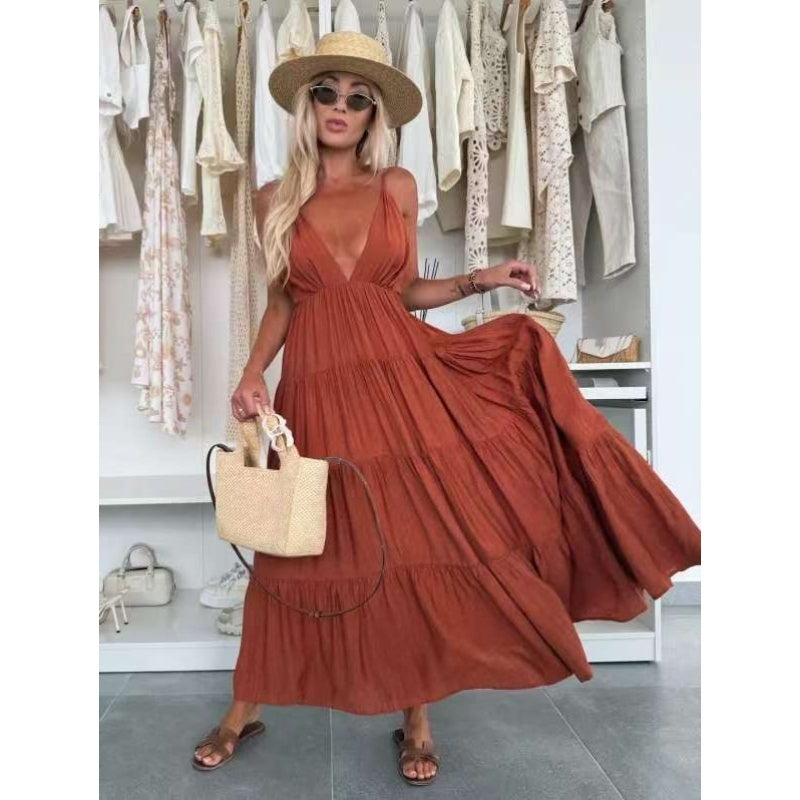 Robe maxi dos nu avec décolleté profond en V pour femme