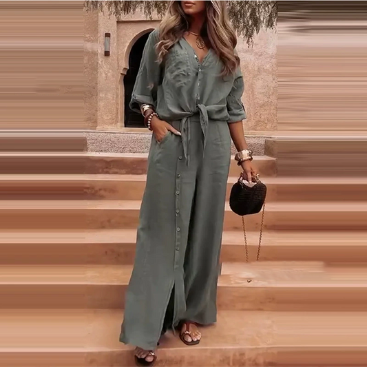 ⏳ Durée limitée – 60 % de réduction ! 💃 Ensemble Élégant 2 Pièces Femme – Couleur Unie, Décolleté en V & Pantalon Fluide pour un Style Sans Effort ✨