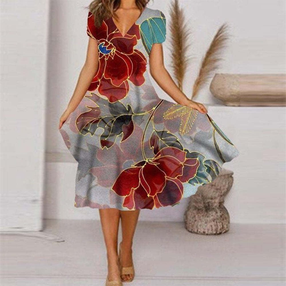 Robe fluide à imprimé pour femme avec col en V