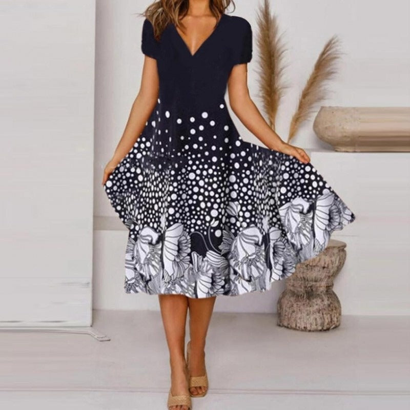 Robe fluide à imprimé pour femme avec col en V