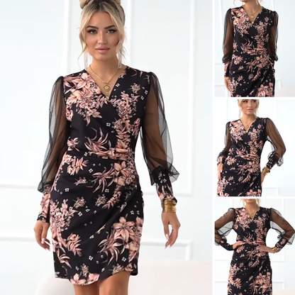 👗✨Robes à manches longues et col en V à imprimé floral pour femmes