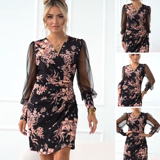 👗✨Robes à manches longues et col en V à imprimé floral pour femmes