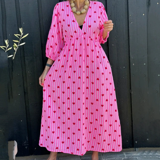 Robe à manches courtes à col en V, rayée et imprimée d'un cœur
