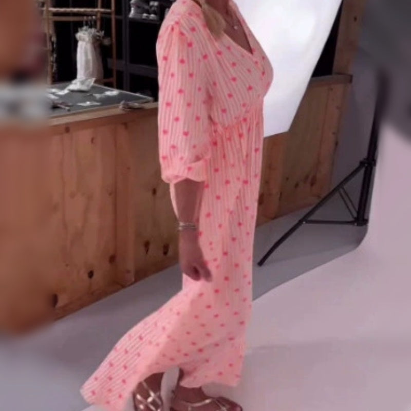 Robe à manches courtes à col en V, rayée et imprimée d'un cœur