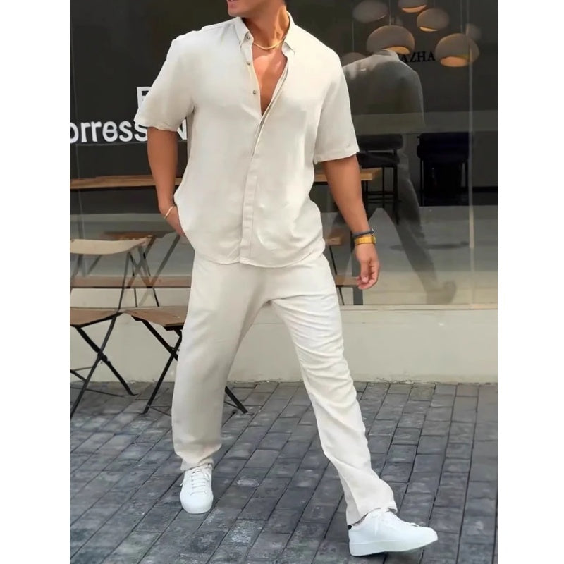 ✨Hot Sale 50% OFF✨Hommes - Ensemble 2 pièces - Tops ＆ Pantalon ＆ solide à revers👔