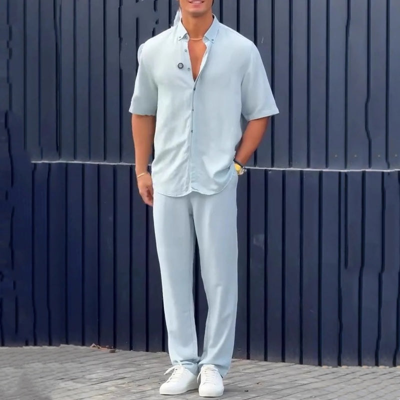 ✨Hot Sale 50% OFF✨Hommes - Ensemble 2 pièces - Tops ＆ Pantalon ＆ solide à revers👔