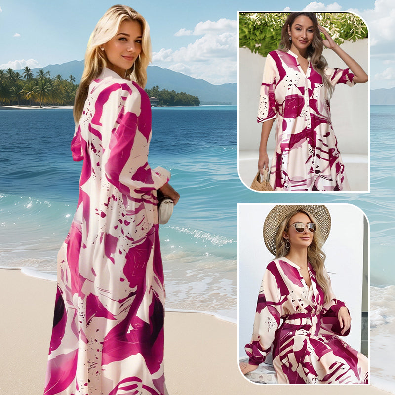 Robe longue à col en V et à motif floral pour femmes