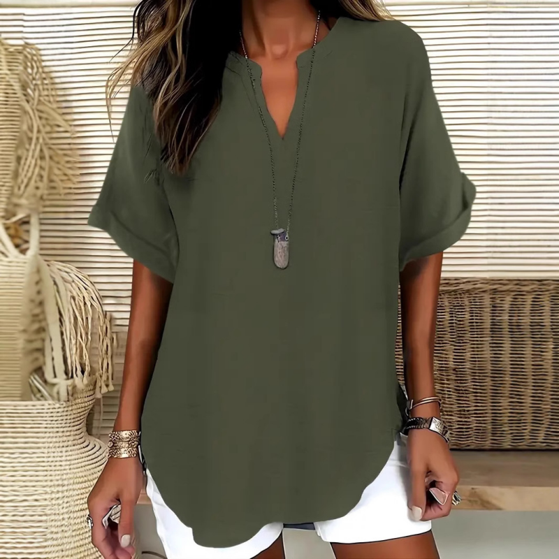 📢📢60 % de réduction !! ⏰Top Ample à Manches Courtes – Col en V, Ourlet Asymétrique & Tissu Léger Respirant (5 Couleurs)
